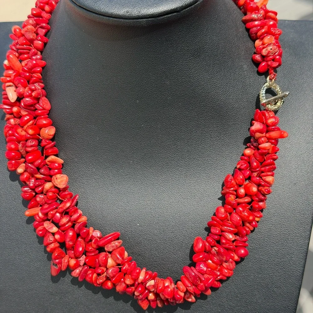 Red Coral Beaded 3 Strand Necklace 16” - Picture 2 of 5